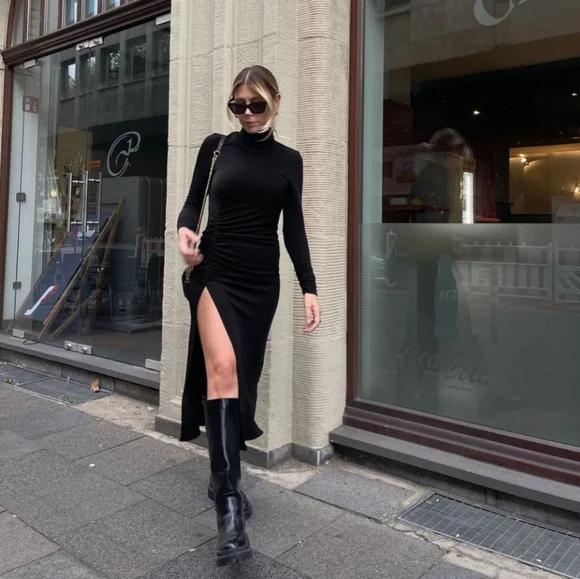 Zara Dresses Nwt Zara Draped Sheath Long Sleeve Black Dress